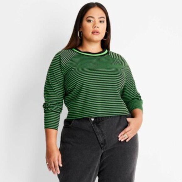 FUTURE COLLECTIVE Long Sleeve Cropped Top - Green & Black Striped T-Shirt 3X - Picture 6 of 8